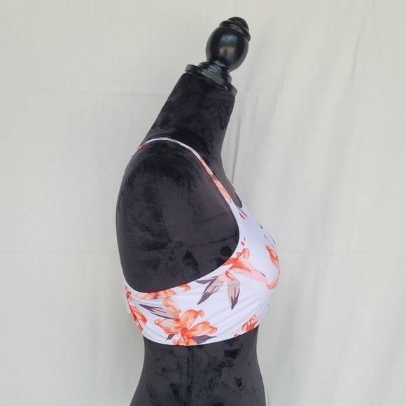 NwOT Shein Orange White Floral Print Swim Top High Neck Strap Sz Large L - Picture 7 of 11